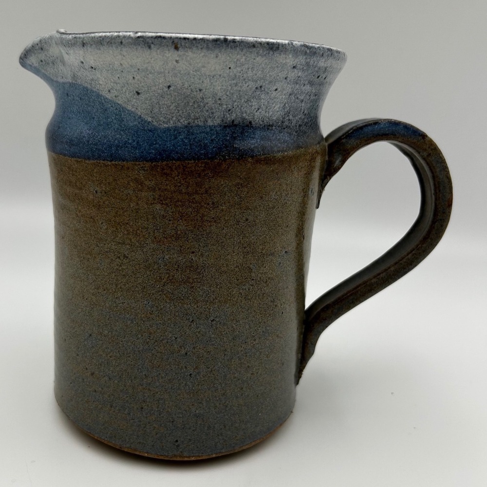 Studio Pottery Handcrafted Stoneware Pitcher Blue Brown Drip Glaze Artisan Mug